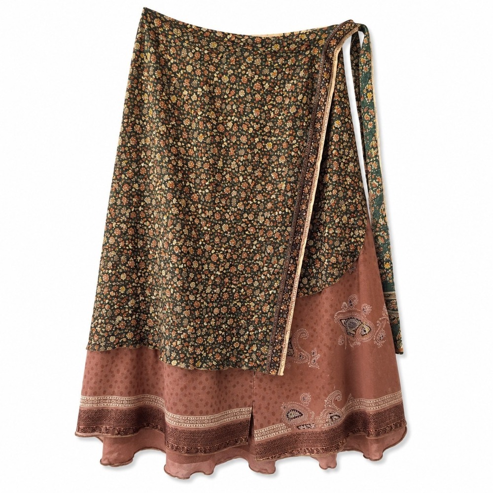 VEVEZ Silk Blend Wrap Maxi Skirt Floral Paisley Boho India One Size Large